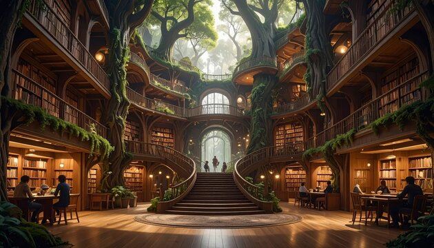 Sunlit Tree Library Interior with Central Staircase &mdash; Enchanted Study