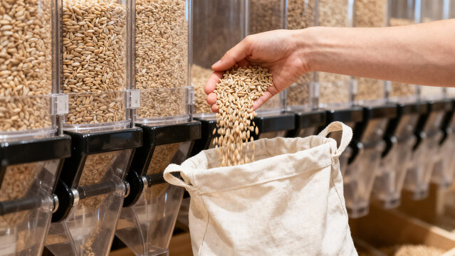 Grain Procurement: A person's hand carefully pours fresh grains into a cloth bag from a transparent storage container, symbolizing conscious consumption and a commitment to healthy.