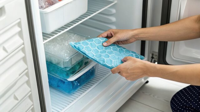 A person placing a blue gel ice pack into a freezer drawer, surrounded by frozen gel packs and containers inside a white freezer.