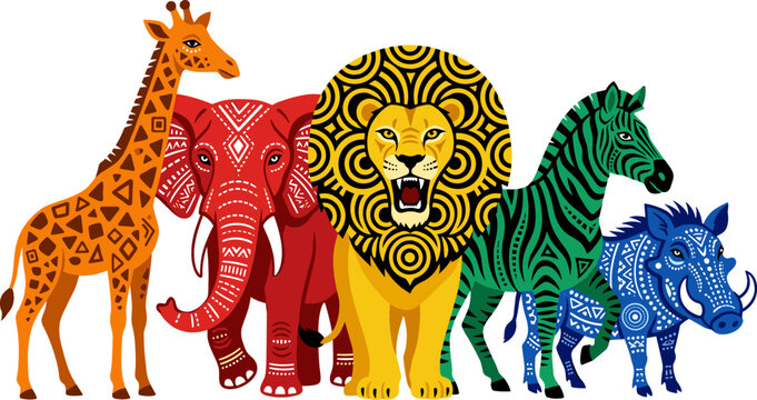 Vibrant African Safari Animals Vector Set with Tribal Geometric Patterns Featuring Lion, Elephant, Giraffe, Zebra, and Warthog for Ethno Graphic Designs, Cultural Art, and Wildlife Conservation Themes