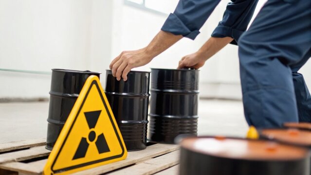 A worker in protective clothing handles black barrels near a radiation hazard warning sign in an industrial setting with natural light.