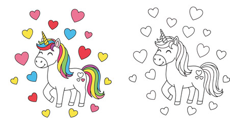 Cute unicorn coloring page vector illustration. Colored and black and white line art of a happy magical unicorn with rainbow mane and floating hearts. © MstTabassum