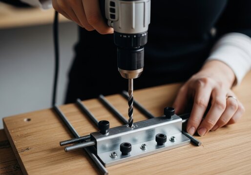 Closeup of a person using a power drill with a metal jig guide to bore a hole into a wooden board