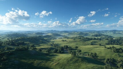 Obraz premium Rolling green hills with trees and river under blue sky