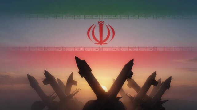 Silhouetted missiles stand ready against a glowing sunrise with the Iranian flag overlaid, representing military strength and geopolitical tension in the Middle East at dawn.