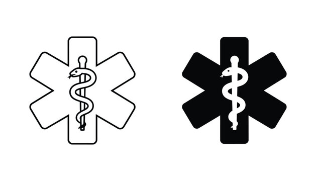 Medical caduceus symbol icon set in outline and solid black style for healthcare and emergency services concept vector illustration