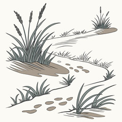 Desert oasis edge with sand footprints and stylized vegetation high quality © RUJINA