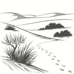 Desert landscape with footprints and sparse vegetation vector illustration high quality © RUJINA