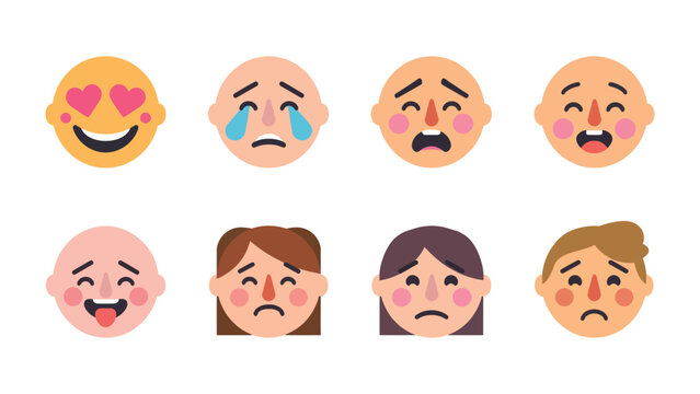 Emotional Spectrum: A vibrant display of various face expressions, depicting a wide range of emotions from joy and love to sadness and worry, perfectly illustrating the complexities of human feelings.