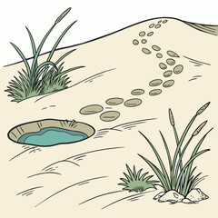Sand dune with footprints and vegetation illustrative style high quality professional © RUJINA