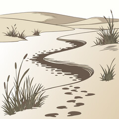 Desert stream with sand and vegetation illustration in neutral tones © RUJINA