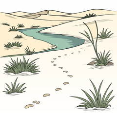 desert oasis with shallow stream and sparse vegetation illustration high quality © RUJINA