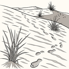 Desert landscape with sand sparse vegetation and footprints illustration high quality © RUJINA