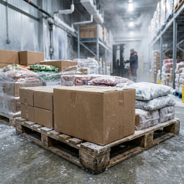 Close-up of frozen ice box on pallet in cold storage warehouse, in food supply chain and refrigerated logistics