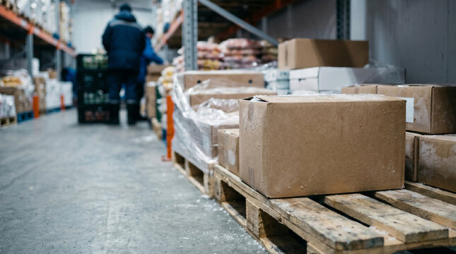 Close-up of frozen ice box on pallet in cold storage warehouse, in food supply chain and refrigerated logistics