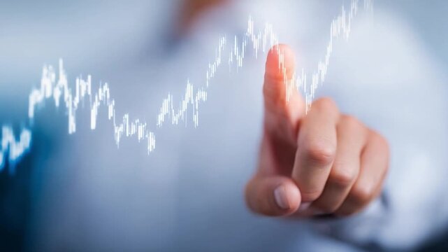 Strategic Insights: A professional in a crisp shirt traces the upward trajectory of a glowing graph, symbolizing growth, progress, and financial success. Focus is on determination, precision.