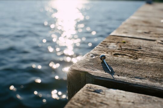 Close-up of a Rusty Nail on a Weathered Wooden Dock by the Sparkling Water.
