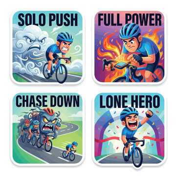 Solo Attack Rider Pulling Away Heavily Set Of 4 3D Cartoon Clean Vector Stickers Colorful Grid Layered Composition Playful Dynamic Vibrant High Contrast Modern Tech White Background Art