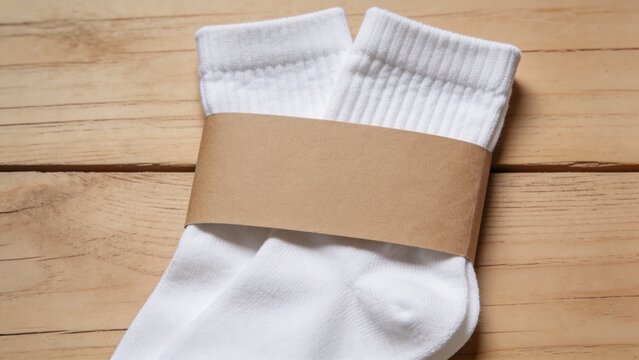 Packaged white socks on a wooden surface with brown paper wrapping