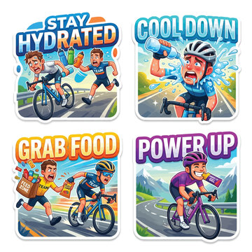 Cyclists Grabbing Water At Refreshment Set Of 4 3D Cartoon Clean Vector Stickers Colorful Grid Layered Composition Playful Dynamic Vibrant High Contrast Modern Tech White Background Art