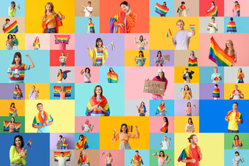 Obraz premium Big collage of lgbt people with rainbow flags on colorful background