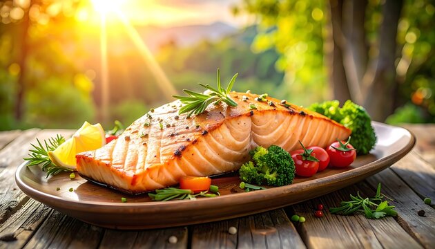 Grilled salmon fillets on a plate with vegetables and lemon