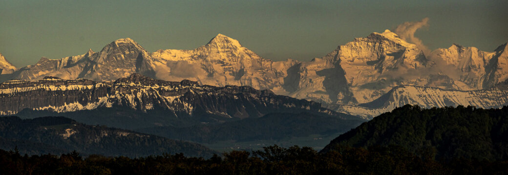 eiger moench and jungfrau mountain from far in switzerland panorama