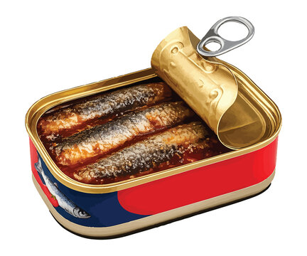 A metal tin of smoked sardines in oil is open on a white background, showing a healthy seafood snack canned in a container for a nutritious meal