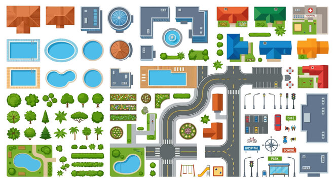 aerial view city elements set colorful vector illustration