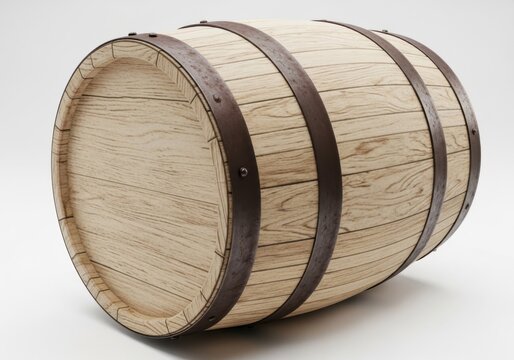 A wooden barrel with metal hoops isolated on white background