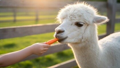 Fototapeta premium A young child feeding a white alpaca a carrot in a zoo setting during golden hour, representing an animal care and educational connection concept for family travel