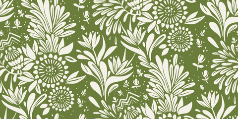 Seamless tropical floral pattern with protea and strelitzia, botanical leaves, half drop repeat, green decorative background, textile fabric wallpaper design © Ekaterina