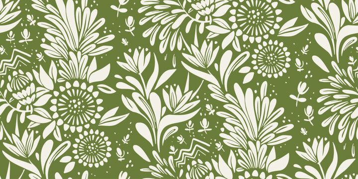 Seamless tropical floral pattern with protea and strelitzia, botanical leaves, half drop repeat, green decorative background, textile fabric wallpaper design