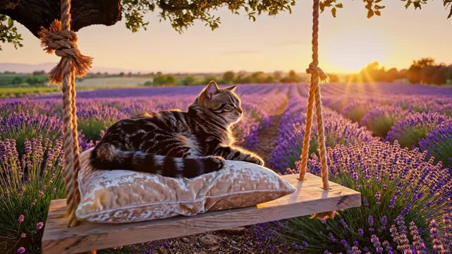 A domestic tabby cat lies comfortably on a soft pillow on a wooden tree swing, overlooking a vast purple lavender field at sunset under a golden sky with warm lighting.