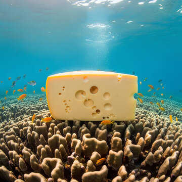 A large block of cheese submerged underwater on a coral reef.