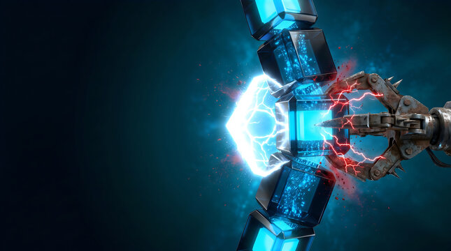 Mechanical robotic claw breaking a glowing blue digital data cube network, cybersecurity breach, 3d render.