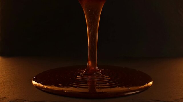 Rich shilajit honey flowing and spreading on a dark surface. Natural health supplement concept.
