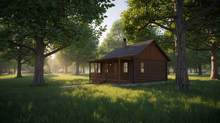 Fototapeta premium Generative AI Illustration of a Cozy Log Cabin in a Sunlit Forest