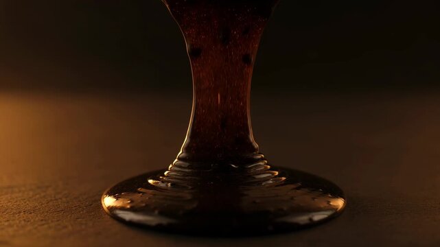 Viscous shilajit honey slowly flowing and spreading across a dark surface. Natural health supplement concept.