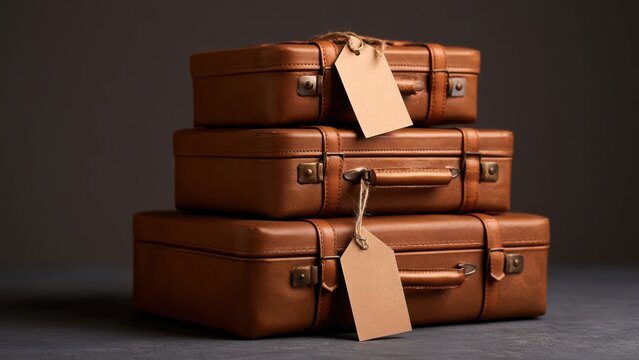Vintage brown suitcases stacked, featuring blank luggage tags, symbolizing travel and adventure.