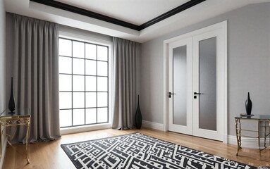 Fototapeta premium Modern room with gray walls black-trimmed ceiling and geometric rug.