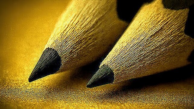 Two sharpened gray pencils with black lead diagonally parallel on vibrant yellow textured background, tips facing upper left corner, 