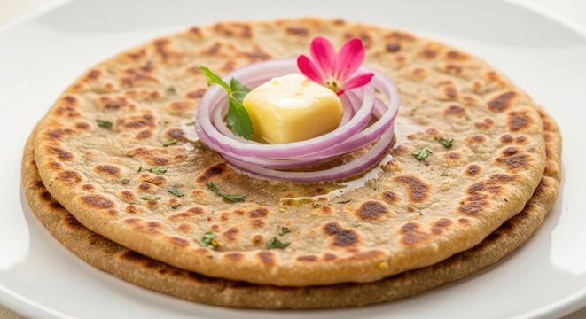 Delicious paratha stack with butter and onion garnish indian cuisine