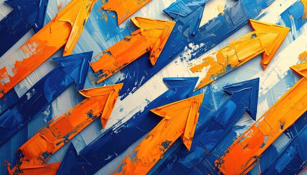 Abstract artwork of orange and blue arrows suggesting progress and growth