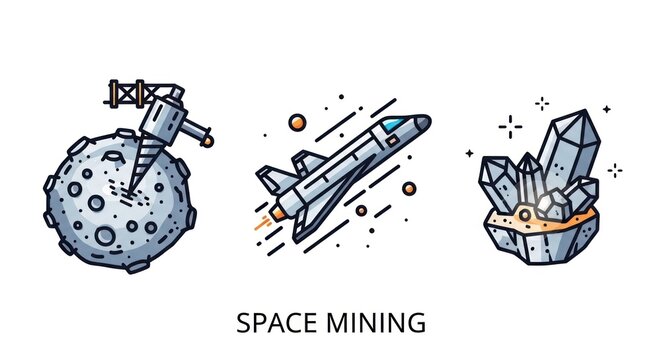 Illustration of space mining concept with spaceship, moon drilling and crystals.