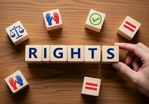 Human rights protection concept with RIGHTS wooden cubes and justice icons symbolizing fairness and equality.