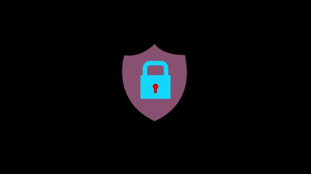 Cyber security concept with blue padlock and shield icon on black background