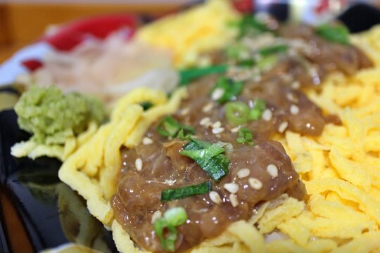 Kurodai namero (minced black sea bream) donburi (rice bowl) purchased at a supermarket in Tokyo, Japan