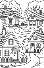 Fototapeta premium Coloring page of a suburban neighborhood with houses, trees, and winding paths