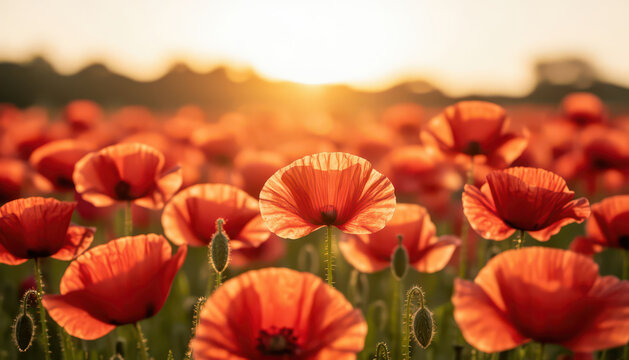 A field of vibrant red poppies sprawls under the glow of the setting sun. The red poppies sway gently, creating a serene atmosphere in this picturesque landscape.